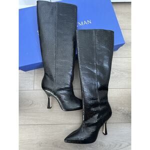 Stuart Weitzman Parton Croc embossed black knee high heel boots size 9.5B NEW
